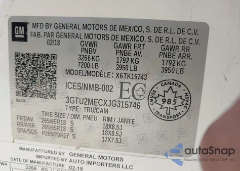 2018 GMC Sierra 1500 Sle из США, поврежденный, VIN 3GTU2MECXJG315746